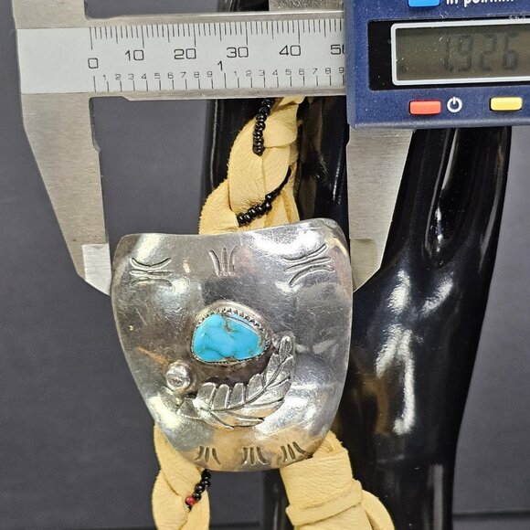 Navajo Turquoise Sterling Silver Bolo Tie With Beaded Leather Native American US - Picture 13 of 15
